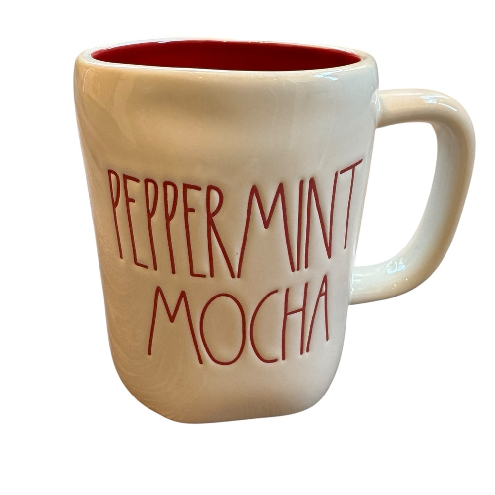 Rae Dunn peppermint mocha mug red interior and red lettering